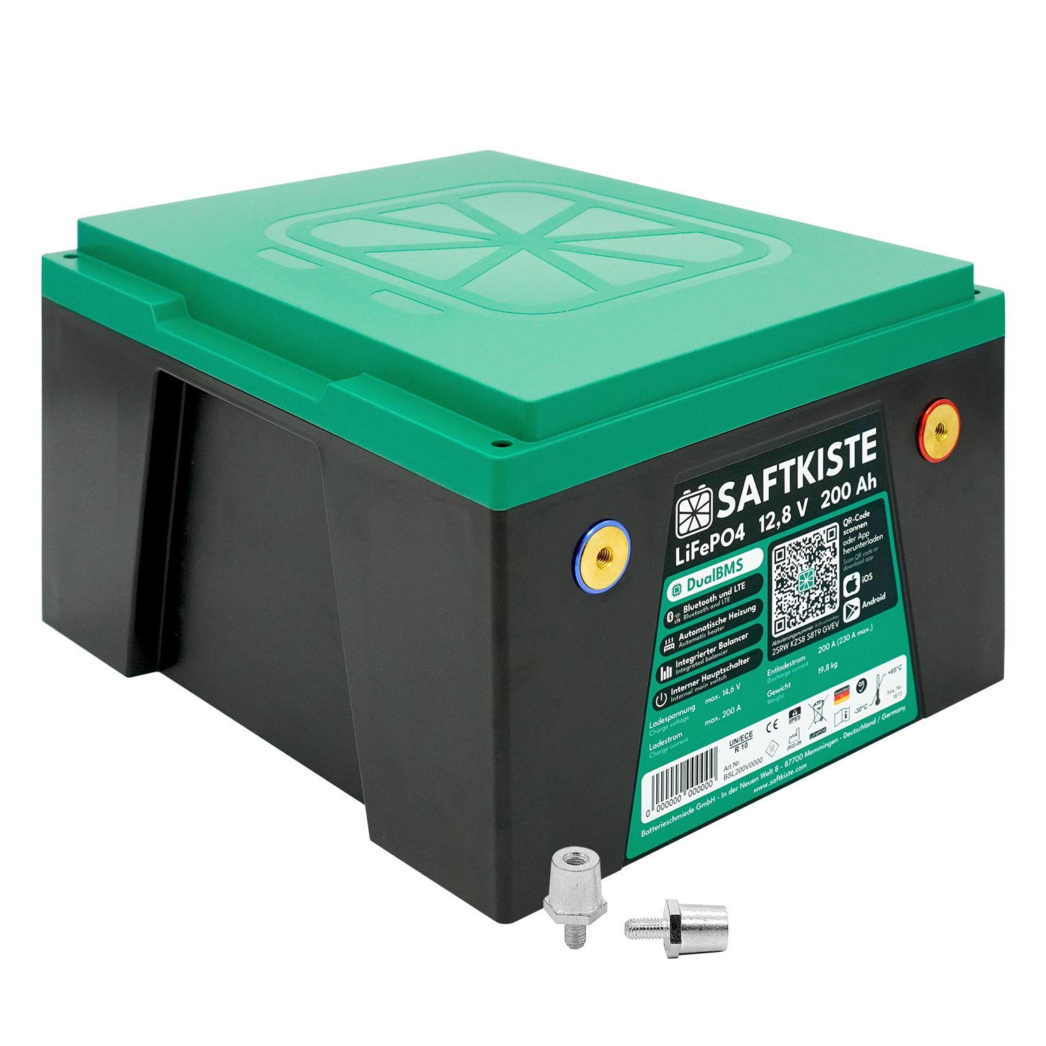 Saftkiste 200Ah LiFePO4 Lithium Batterie Wohnmobil DualBMS mit App (Pole vorn) (USt-befreit nach §12 Abs.3 Nr. 1 S.1 UStG)