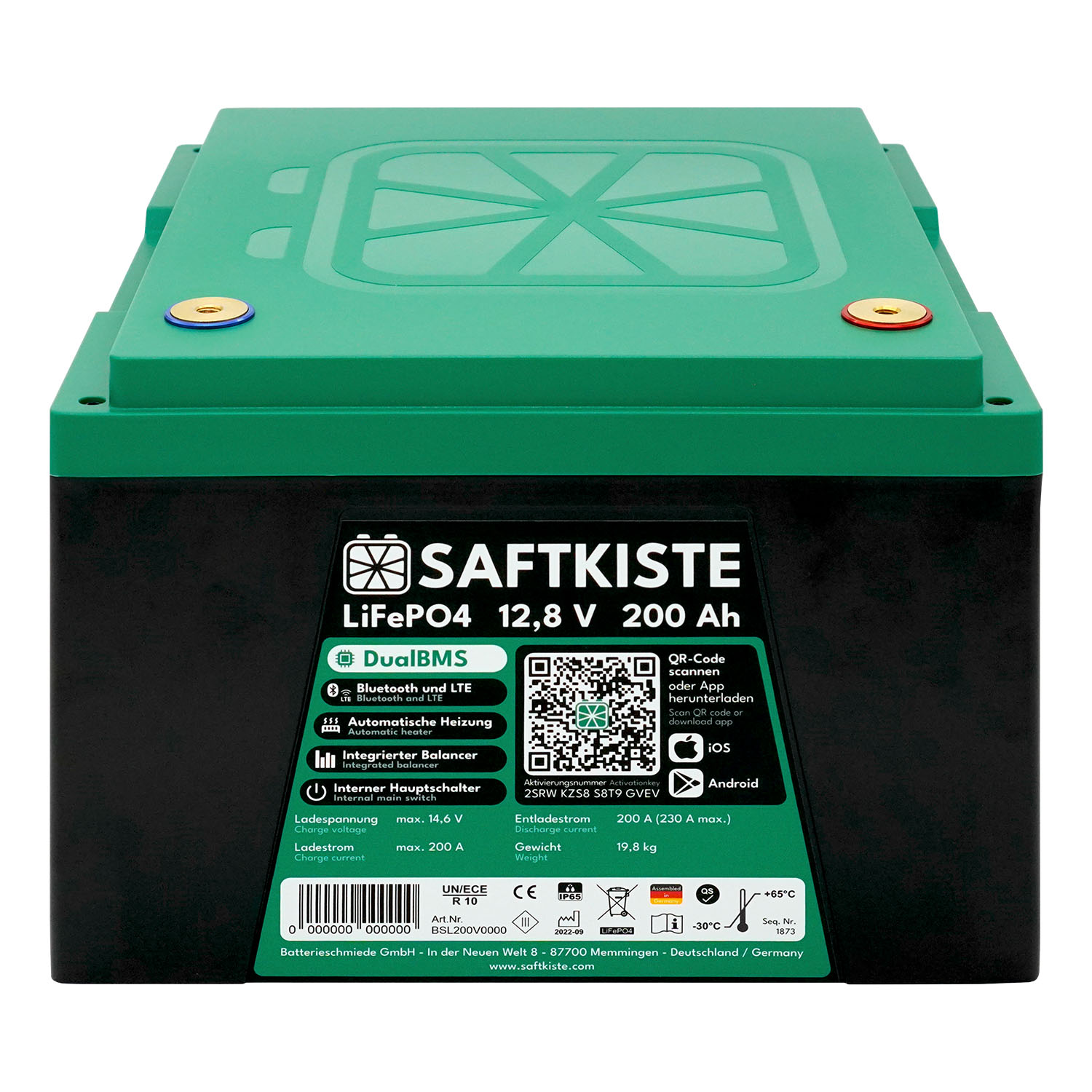 Saftkiste 200Ah LiFePO4 Lithium Batterie Wohnmobil DualBMS mit App (Pole oben) (USt-befreit nach §12 Abs.3 Nr. 1 S.1 UStG)