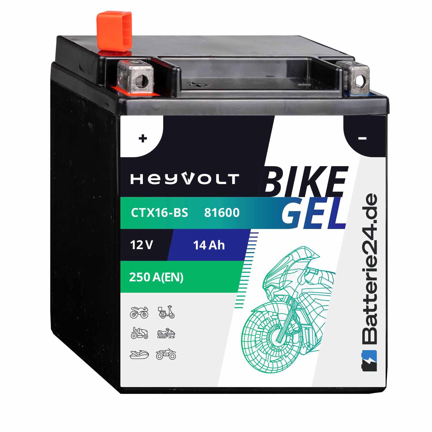 HeyVolt BIKE GEL Motorradbatterie YTX16-BS 81600 12V 14Ah