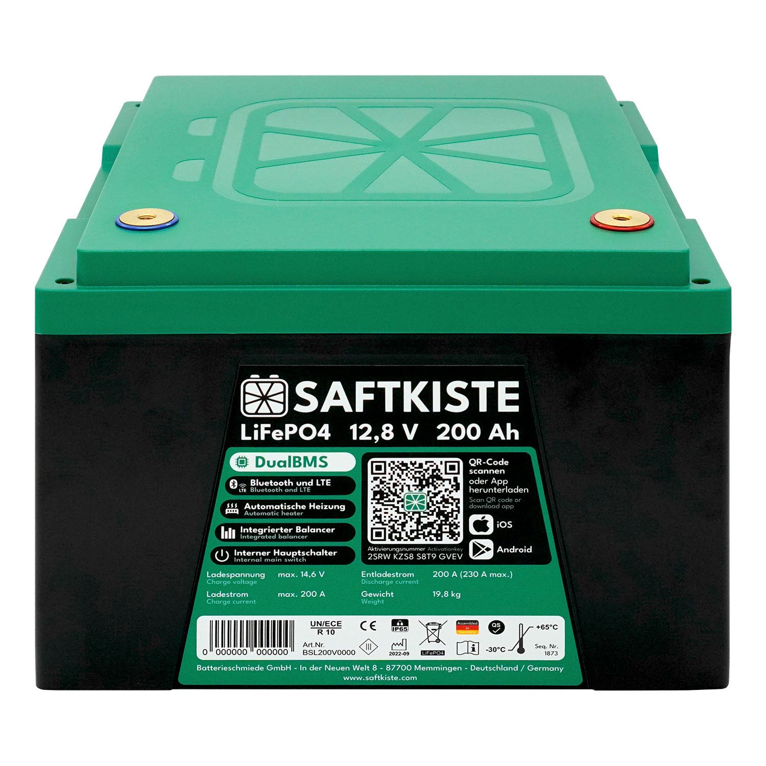 Saftkiste 200Ah LiFePO4 Lithium Batterie Wohnmobil DualBMS mit App (Pole oben)