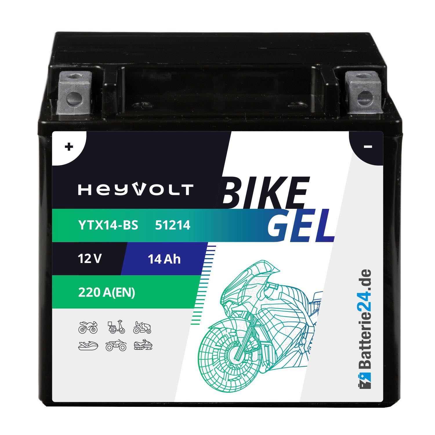 HeyVolt BIKE GEL Motorradbatterie YTX14-BS 51214 12V 14Ah