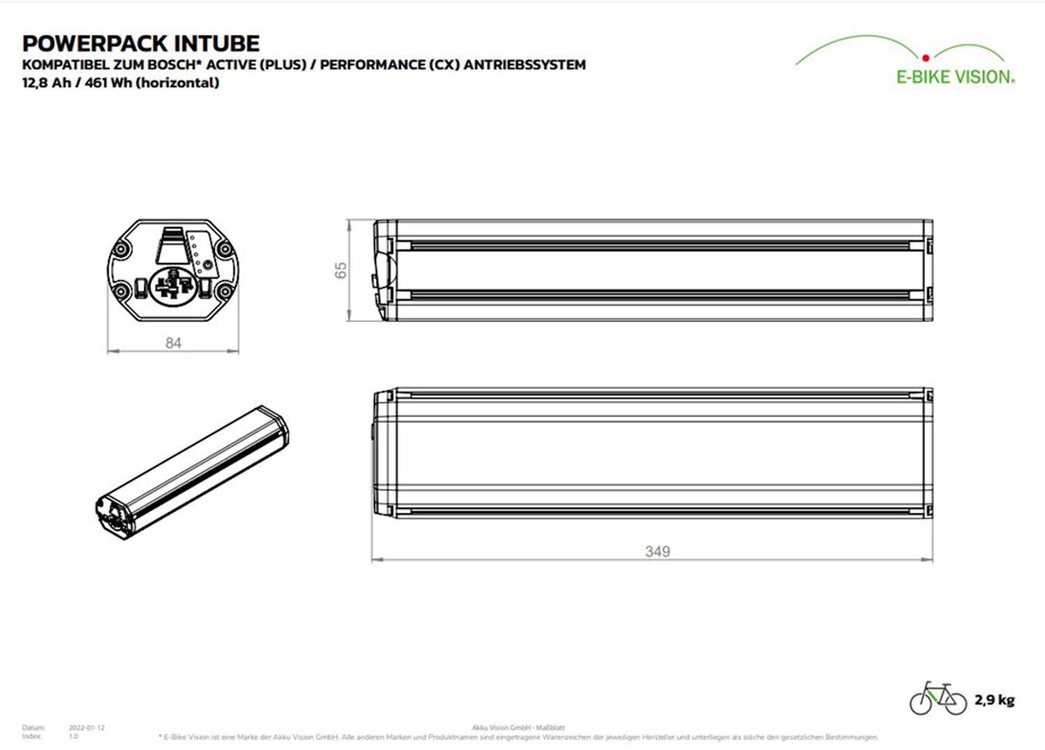 Akku Vision Intube horizontal Active-Plus Performance-CX Line E-Bike Akku Alternative zu Bosch 13Ah