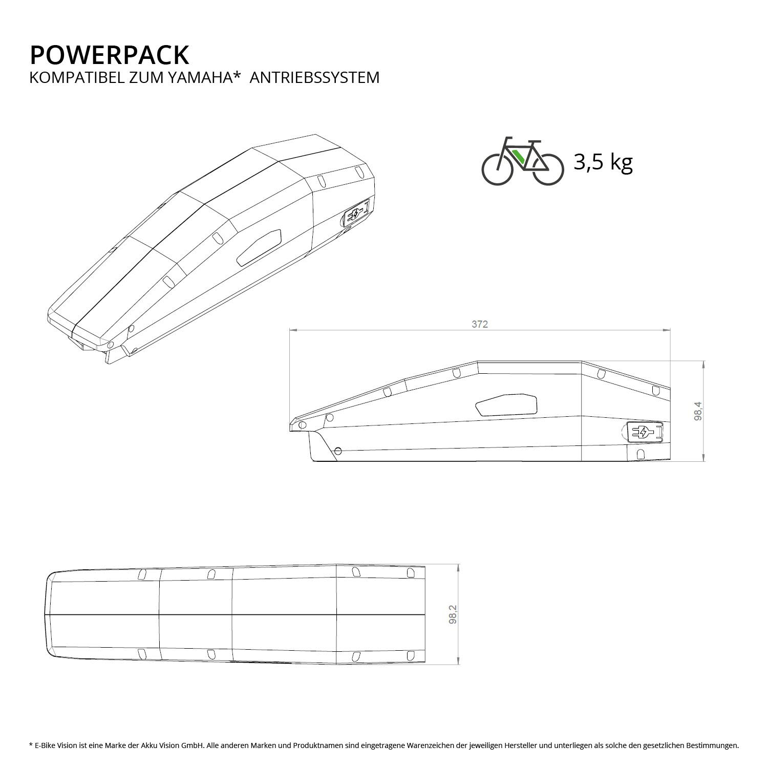 Yamaha 36V 20,7Ah E-Bike Ersatzakku PW-X & PW Serie SE, TE Rahmen Unterrohr von EBV