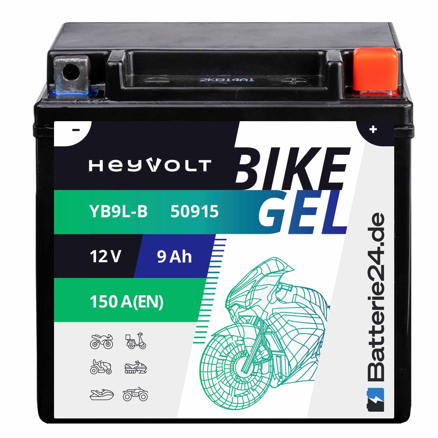 HeyVolt BIKE GEL Motorradbatterie YB9L-B 50915 12V 9Ah