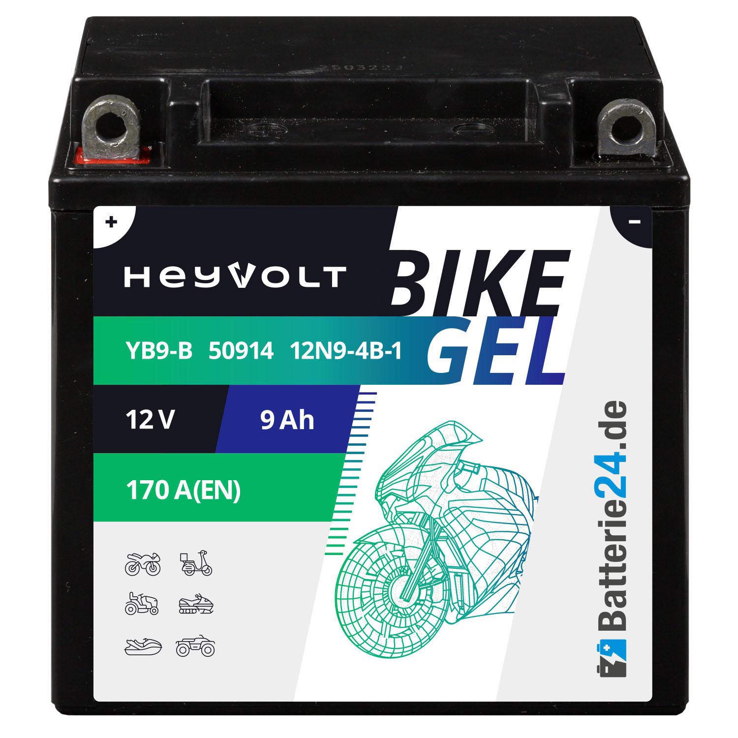 HeyVolt BIKE GEL Motorradbatterie YB9-B 50914 12V 9Ah
