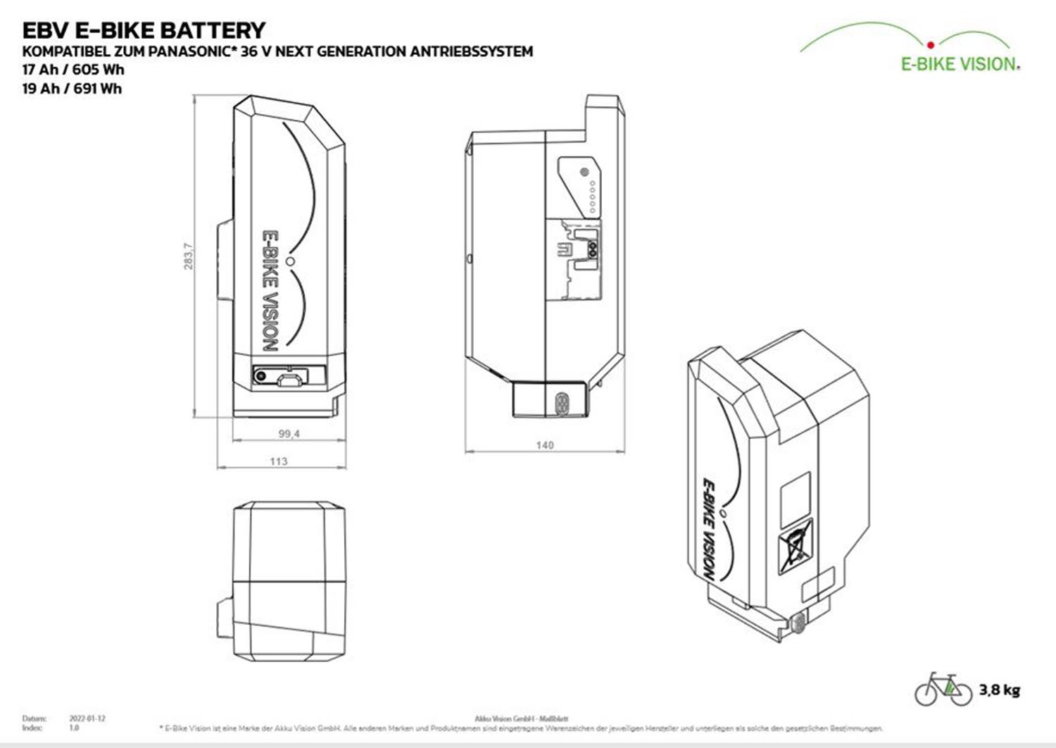 Panasonic Next Generation Powerpack 36V E-Bike Akku Alternative von Akku Vision 19Ah