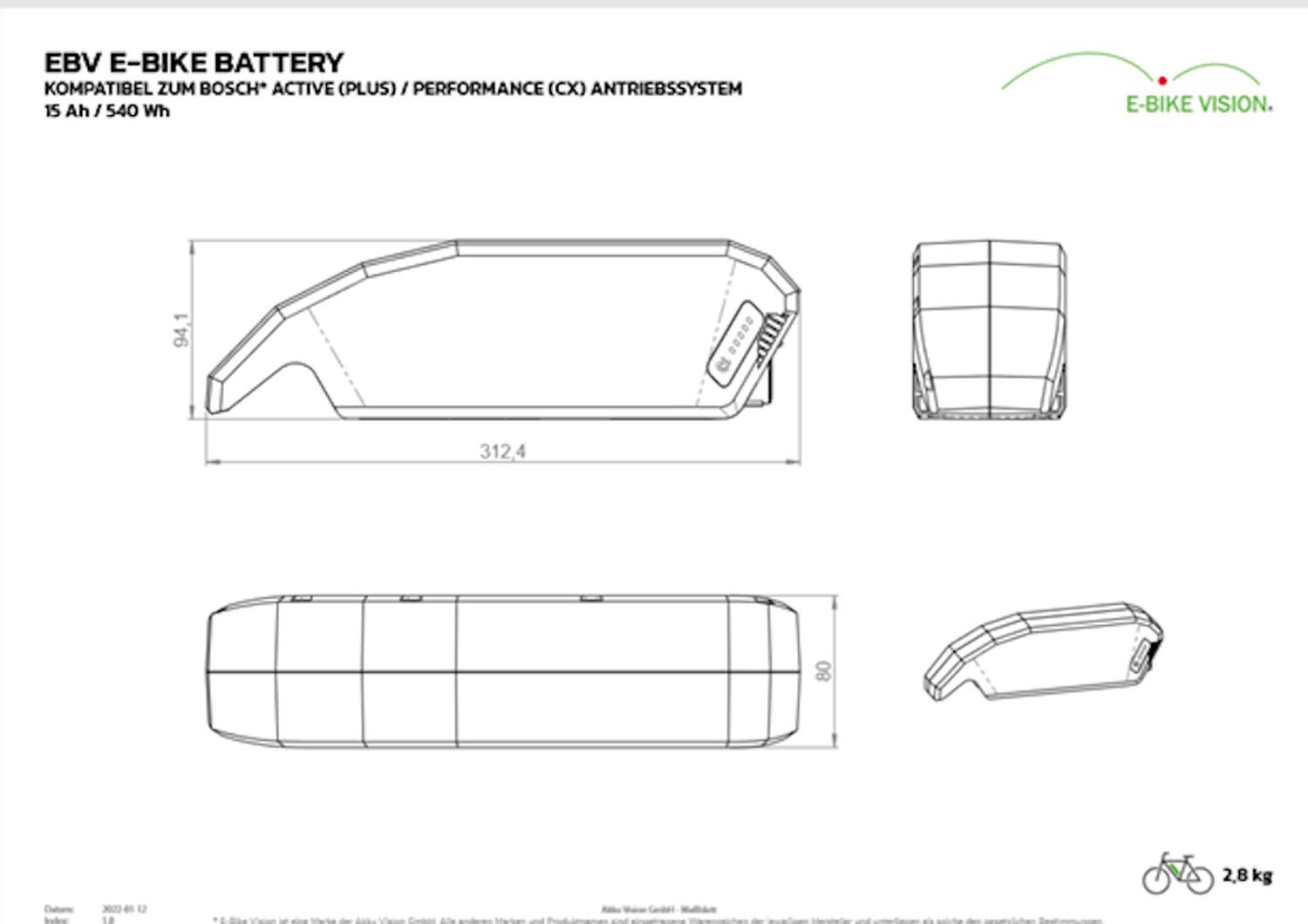 Akku Vision E-Bike Battery kompatibel zu Bosch Active (Plus) / Performance (CX) 36 V Unterrohr