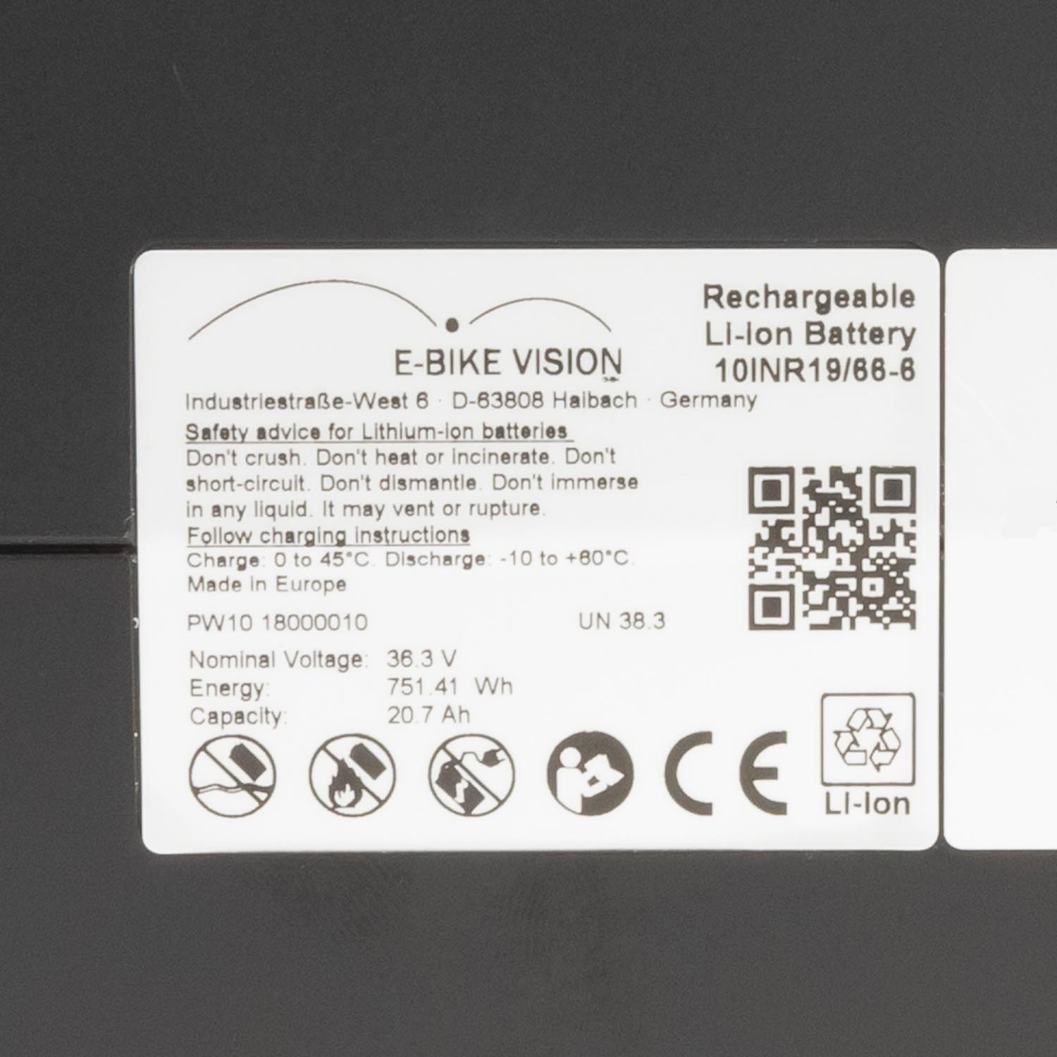 Akku Vision E-Bike Battery kompatibel zu Yamaha (PW / ST / TE / CE) 36 V Unterrohr