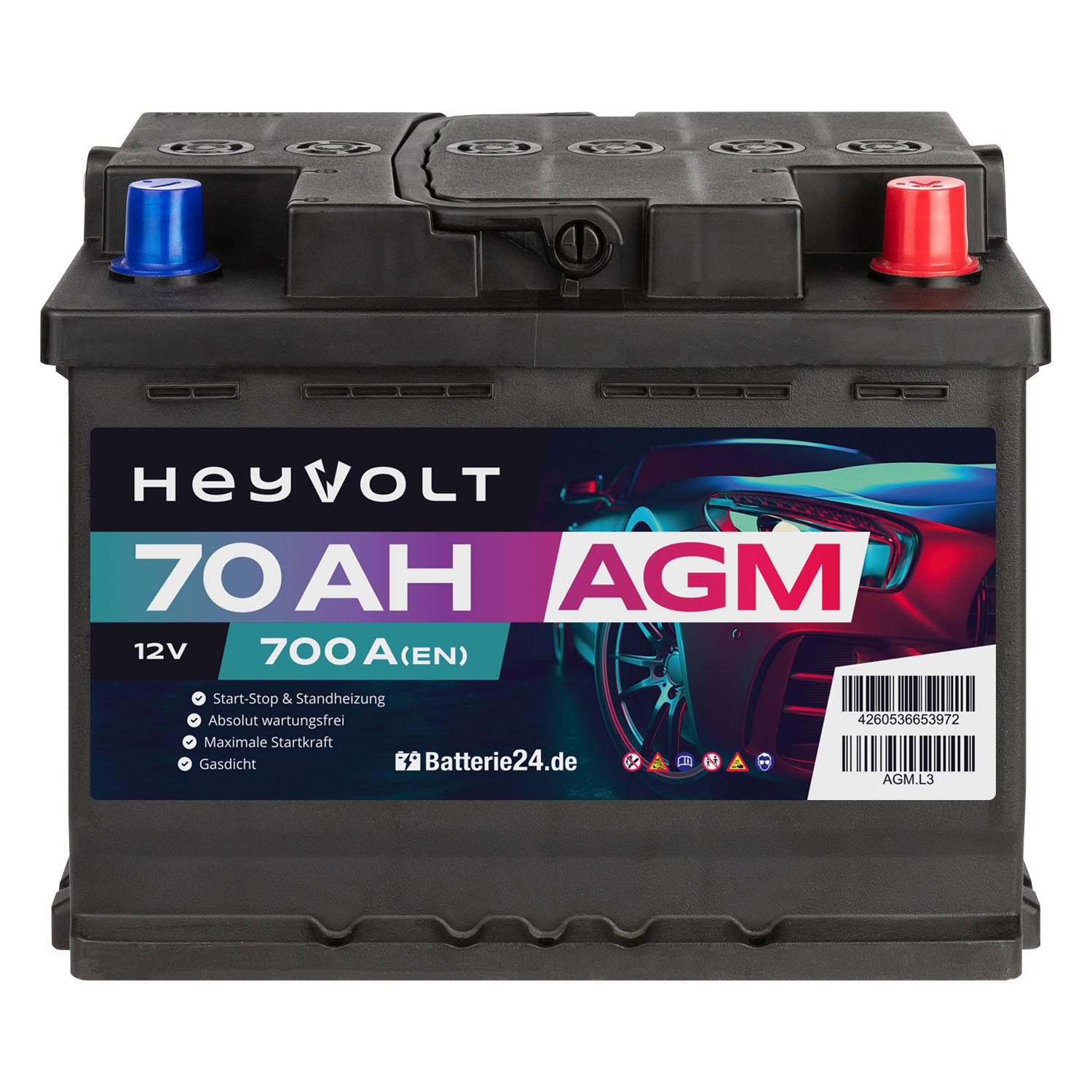 HeyVolt AGM Autobatterie 12V 70Ah