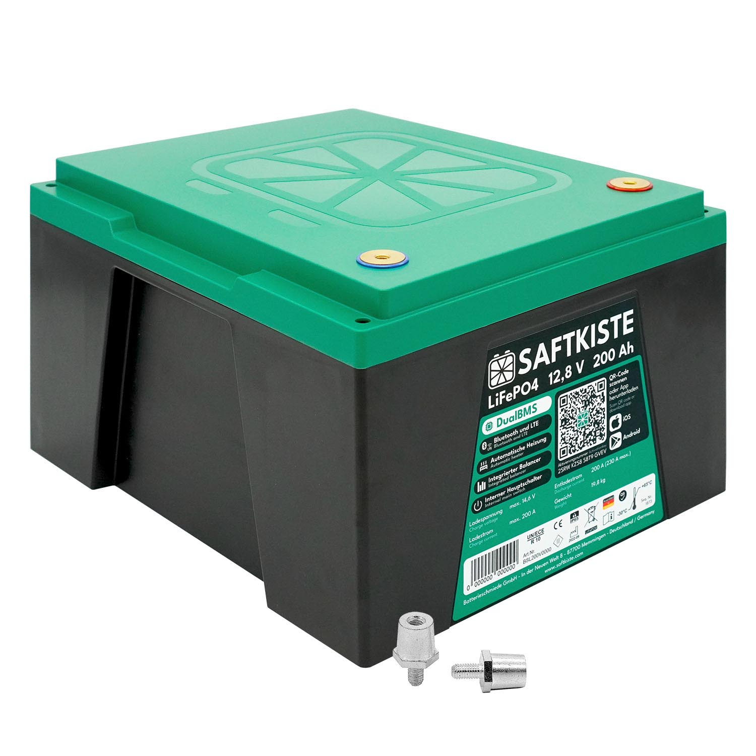 Saftkiste 200Ah LiFePO4 Lithium Batterie Wohnmobil DualBMS mit App (Pole oben)