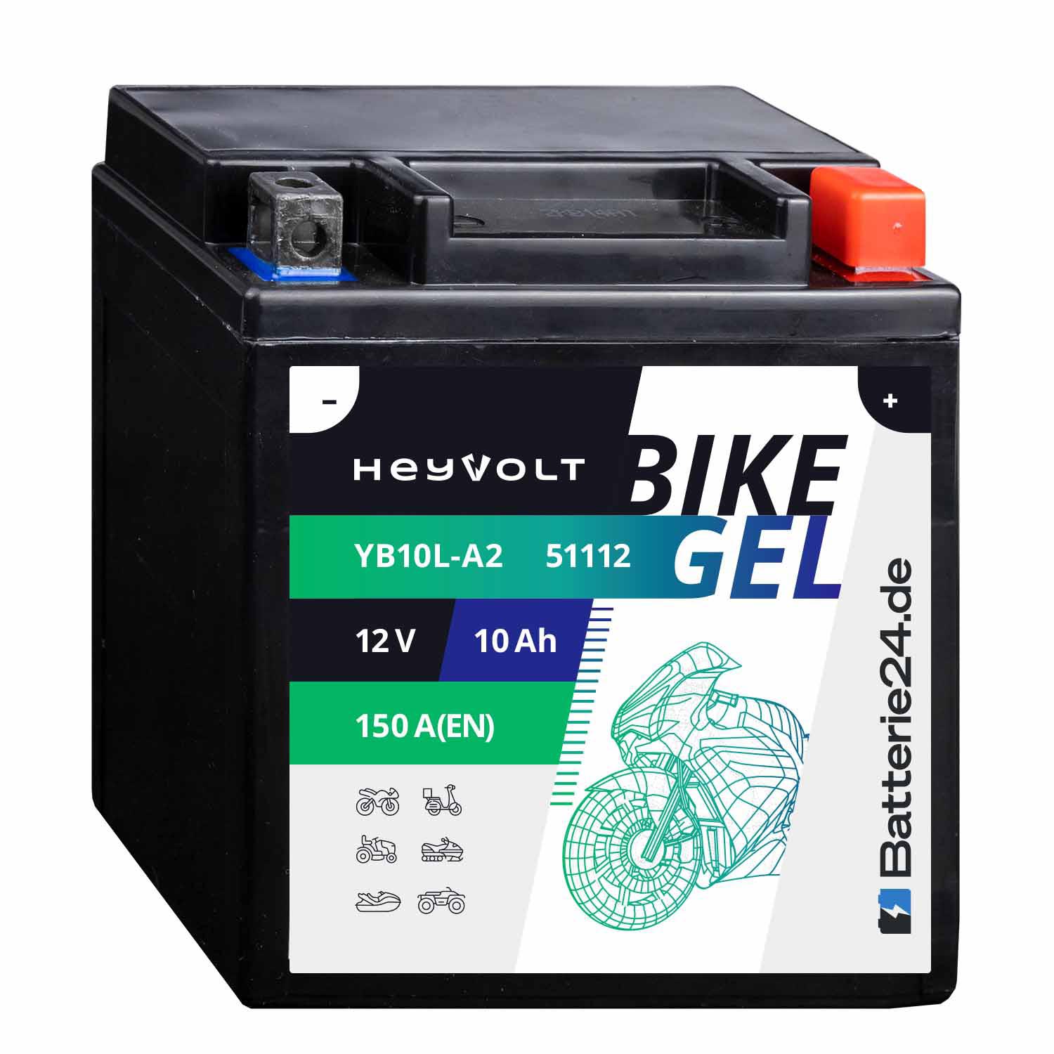 HeyVolt BIKE GEL Motorradbatterie YB10L-A2 51112 12V 10Ah