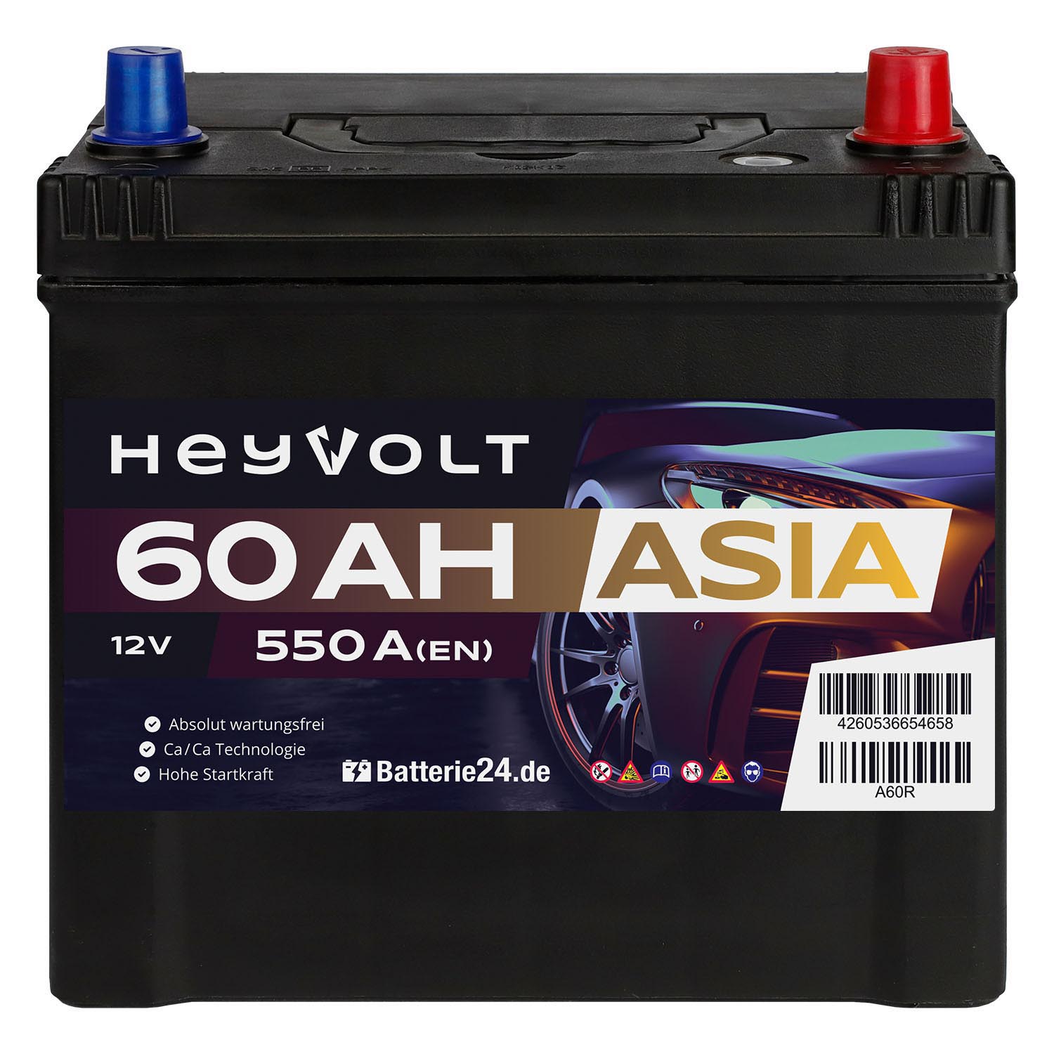 HeyVolt ASIA Autobatterie A60R 12V 60Ah Starterbatterie