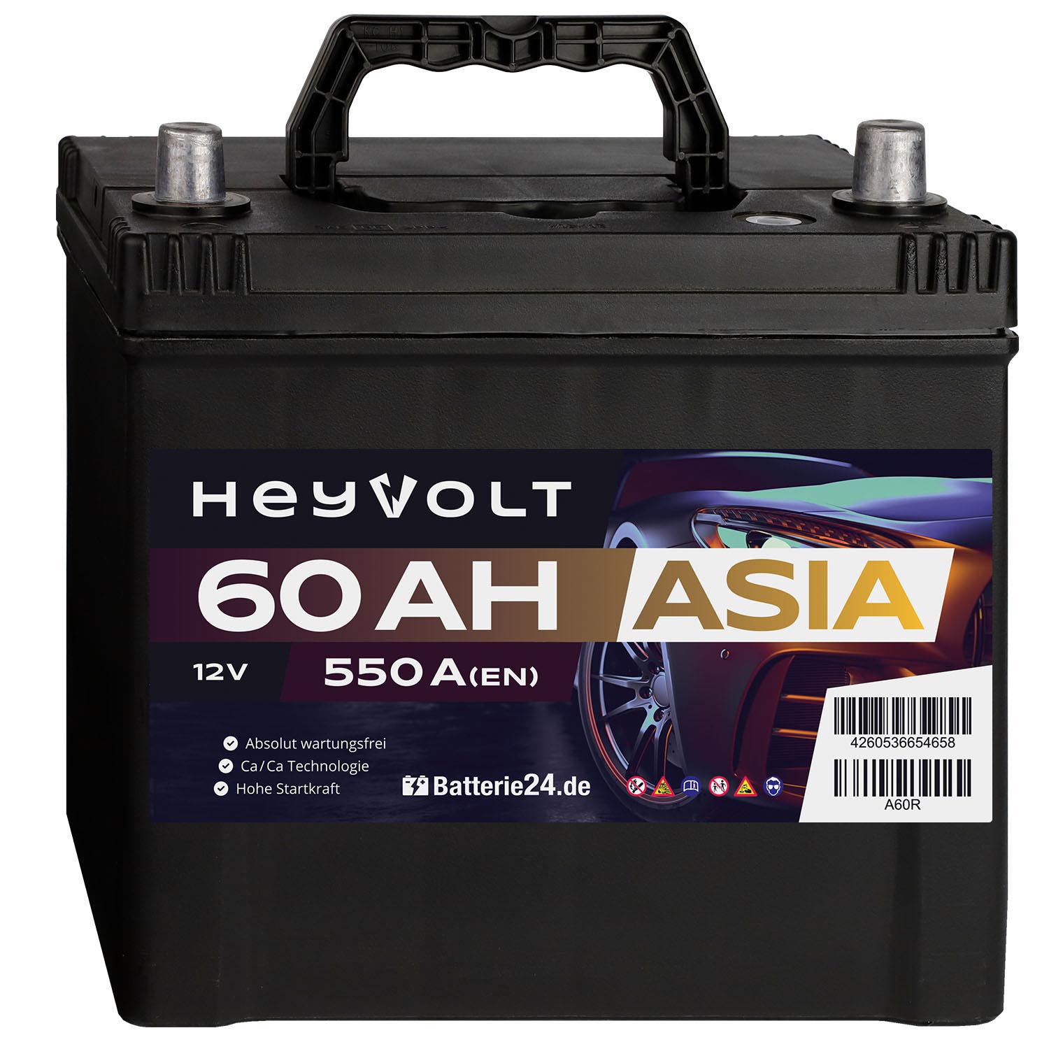 HeyVolt ASIA Autobatterie A60R 12V 60Ah Starterbatterie