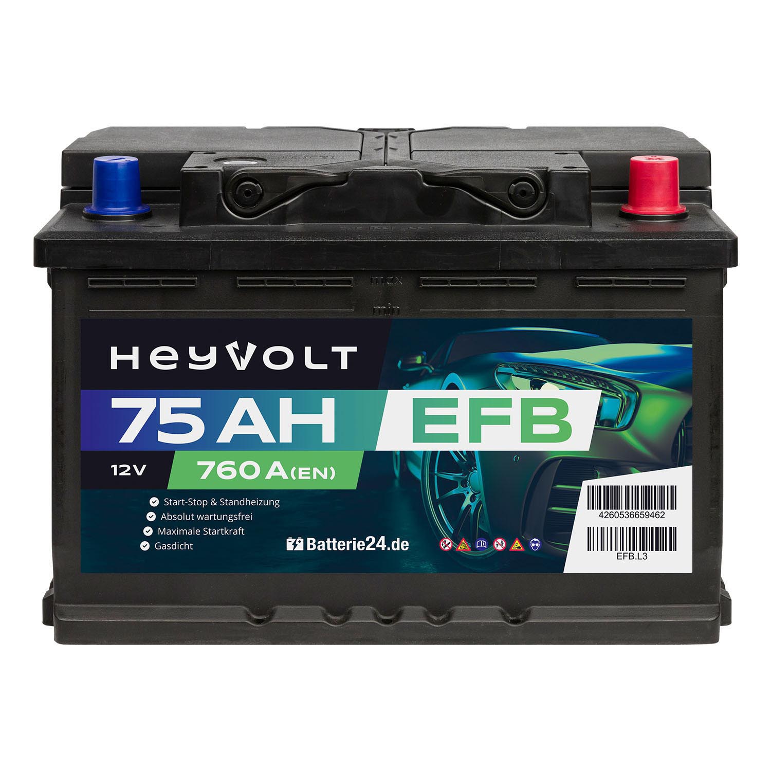 HeyVolt EFB 12V 75Ah Autobatterie